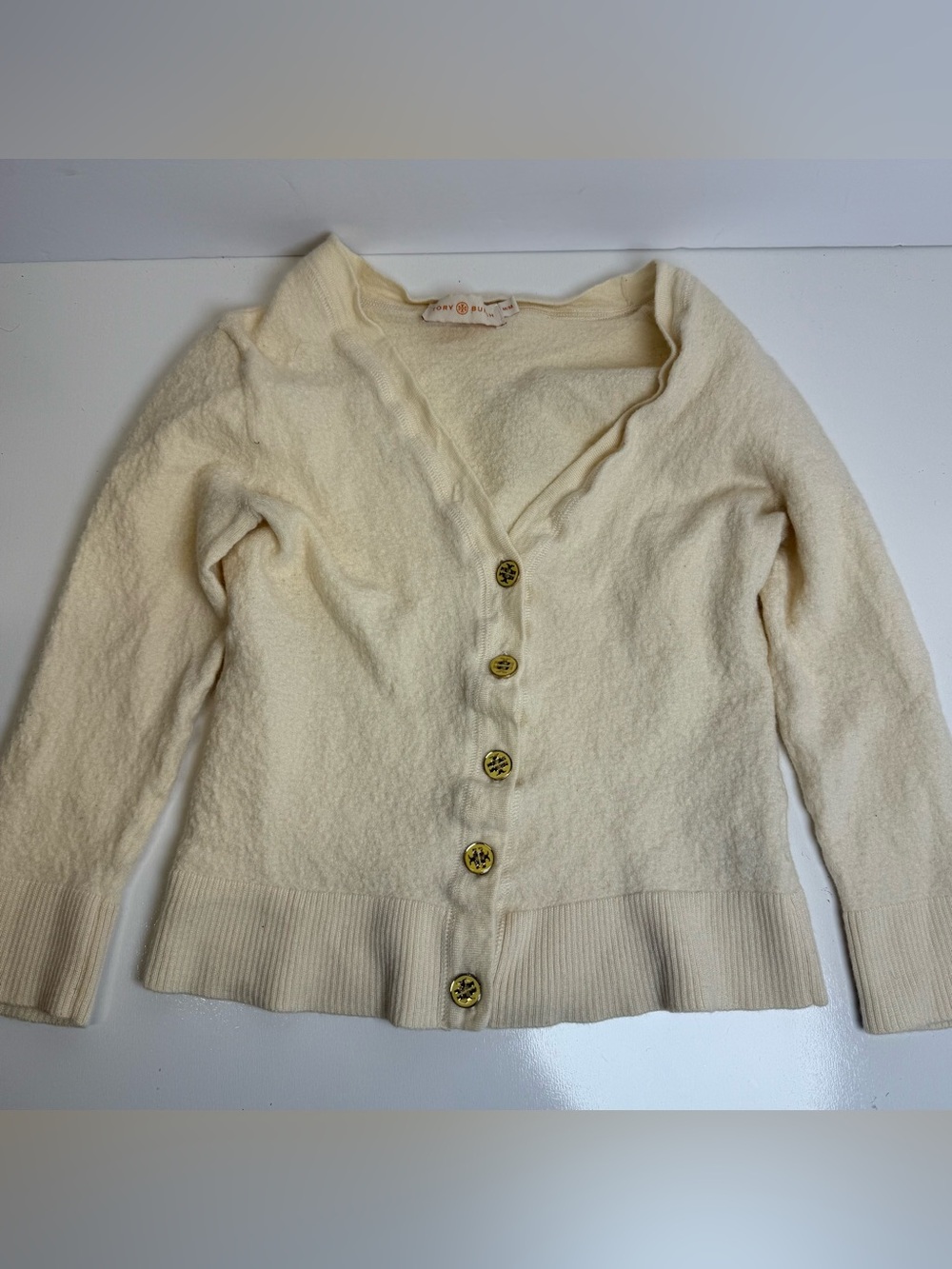 Tory Burch Simone Beige Merino Wool Gold Logo Buttons Cardigan Girls Medium M